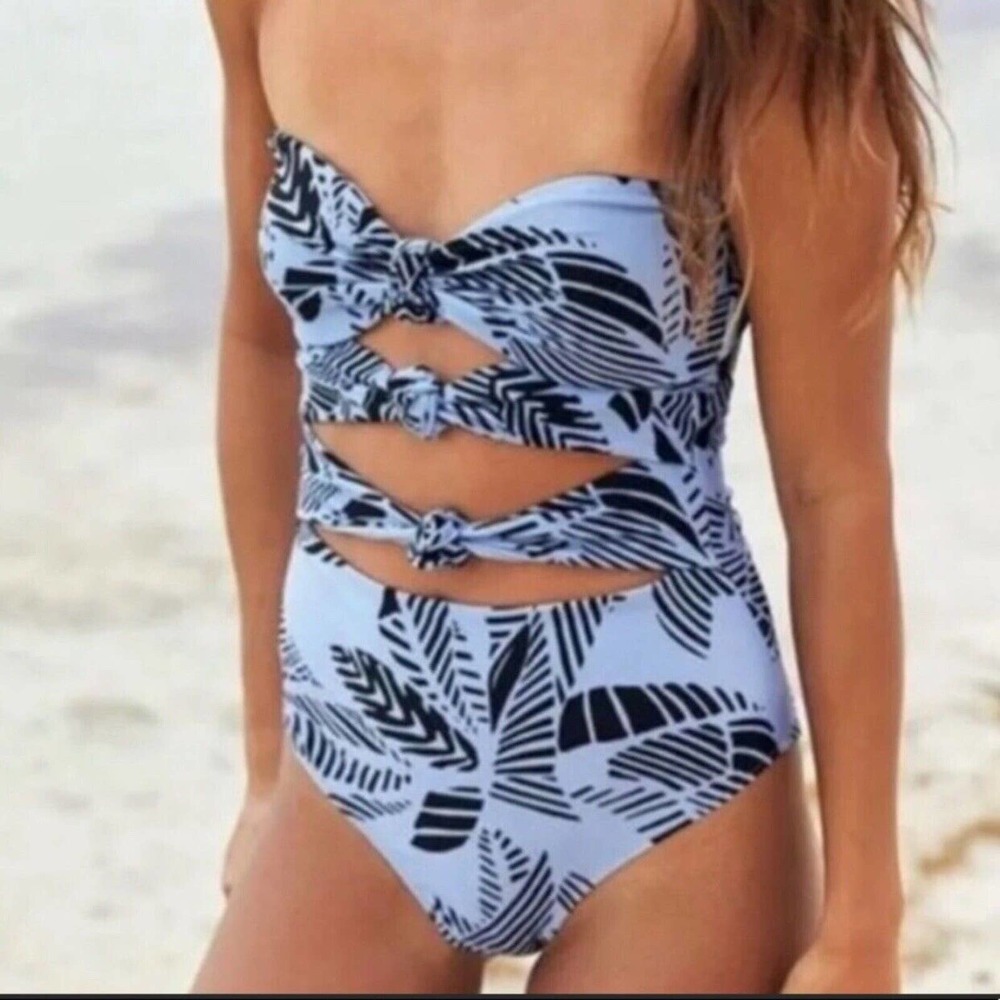 Aerie One Piece Cheeky Swimsuit Knotted Cutout Leaf Print Long